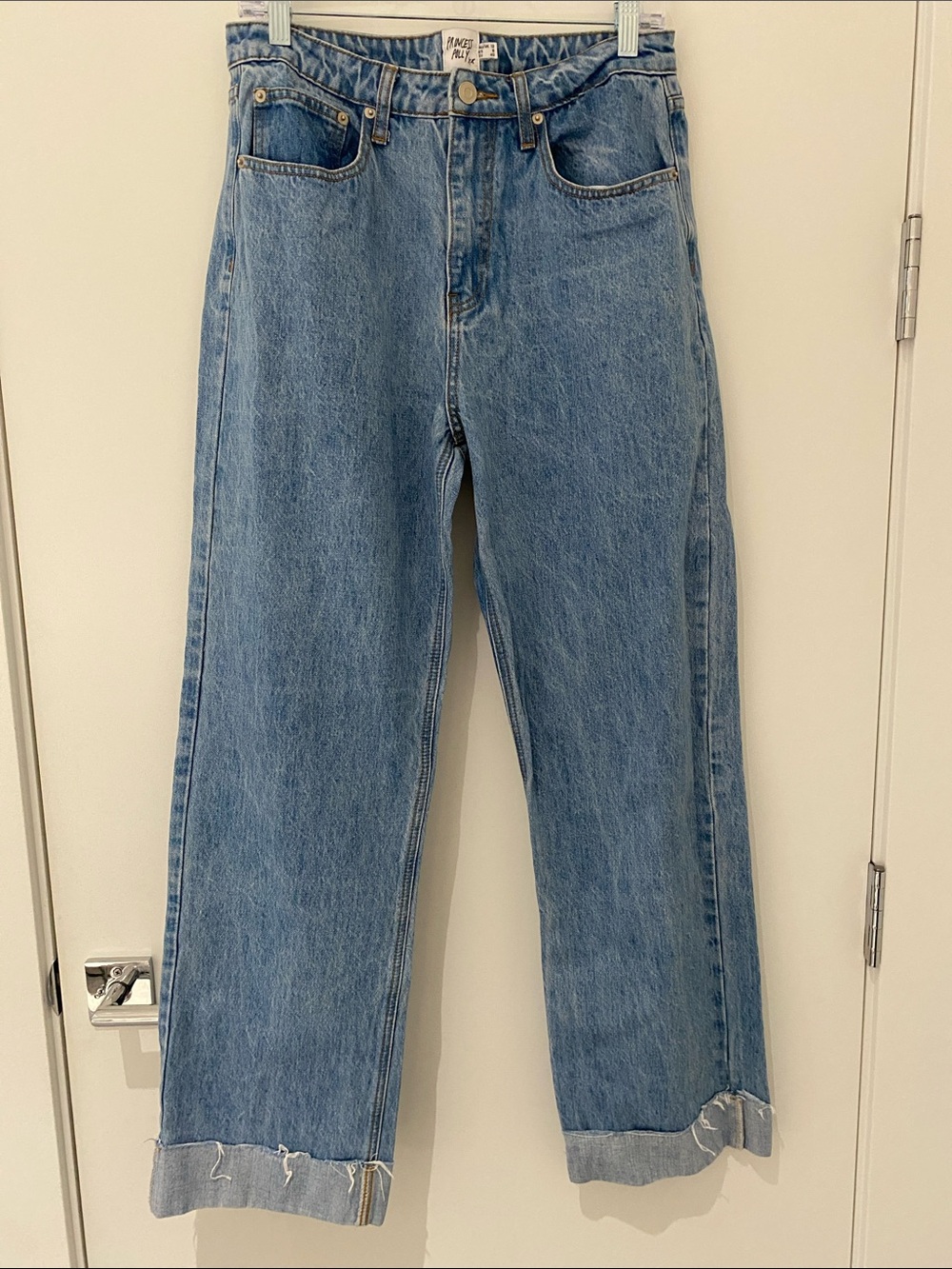 Princess Polly Full Leg High Rise Raw Cuffed Denim Jeans Medium Wash Size 8